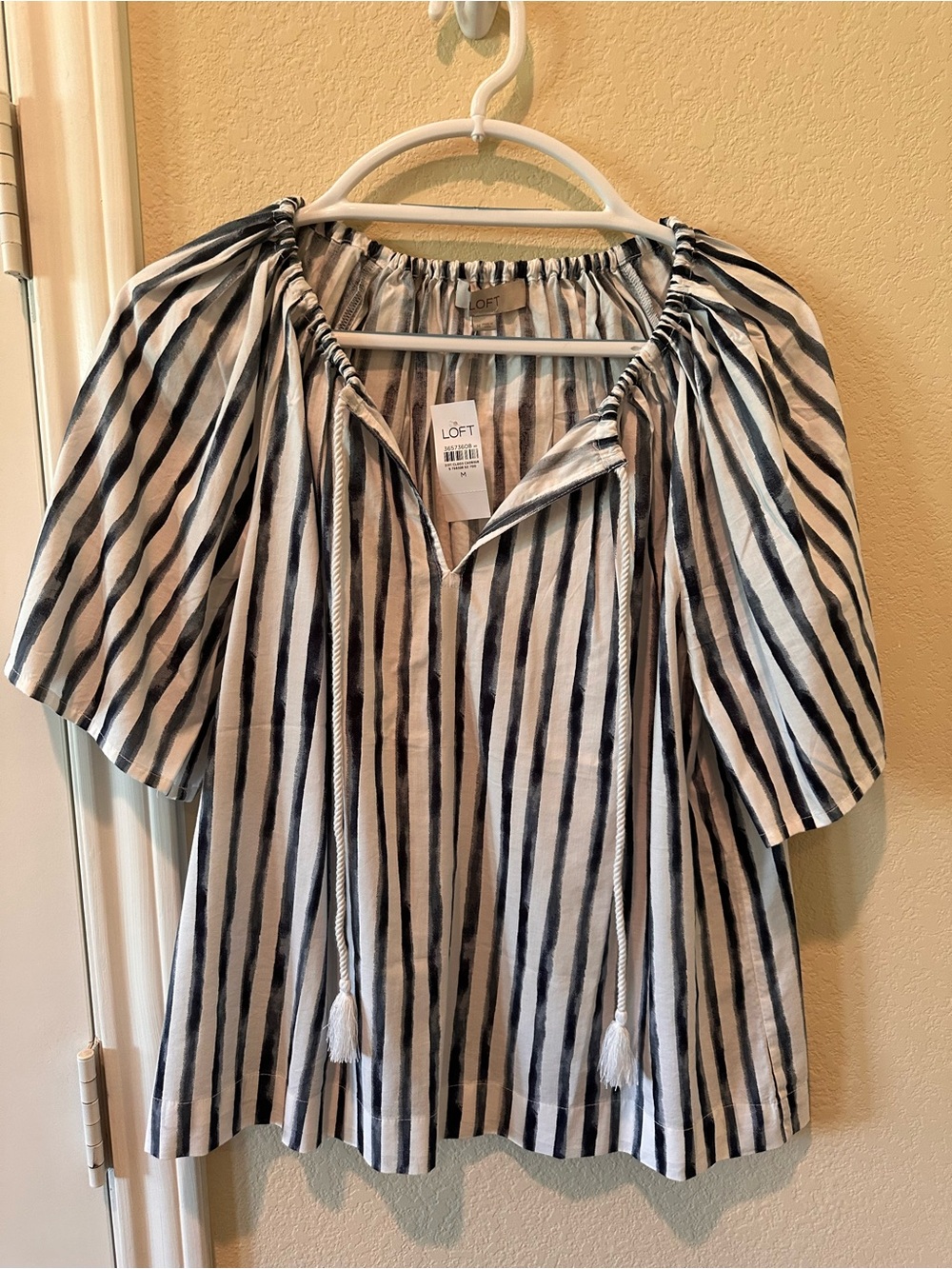 LOFT Navy and White Striped Peasant Top